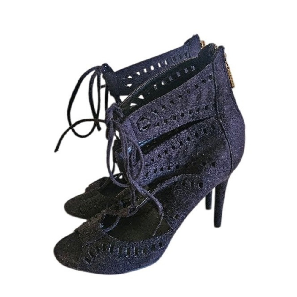 Zigi Soho Womens Black Caged Lace Up Peep Toe Stiletto Heels 8 Back Zip Booties